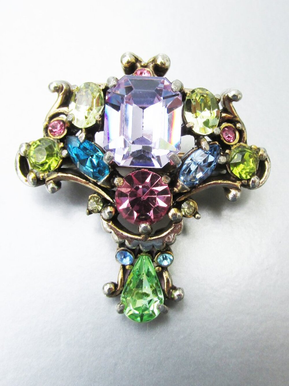 Signed HOLLYCRAFT 1953 Vintage Multicolor Fruit Salad Rhinestone Brooch Pin